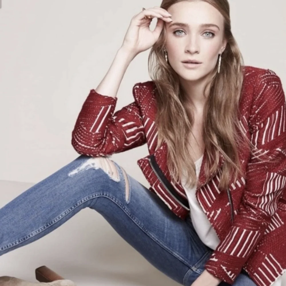 IRO Red Geometric Tweed Boucle Moto Jacket Raw Egde